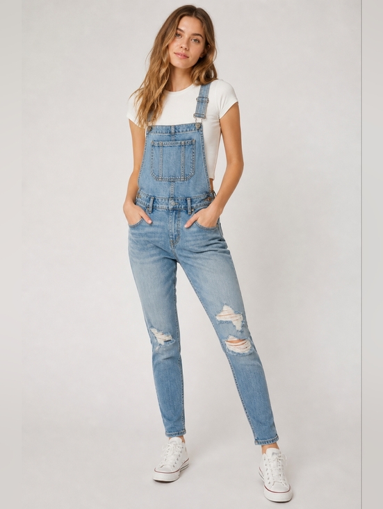 Hollister Pants - Hollister XS Distressed Denim Overalls Light Wash Skinny Fit